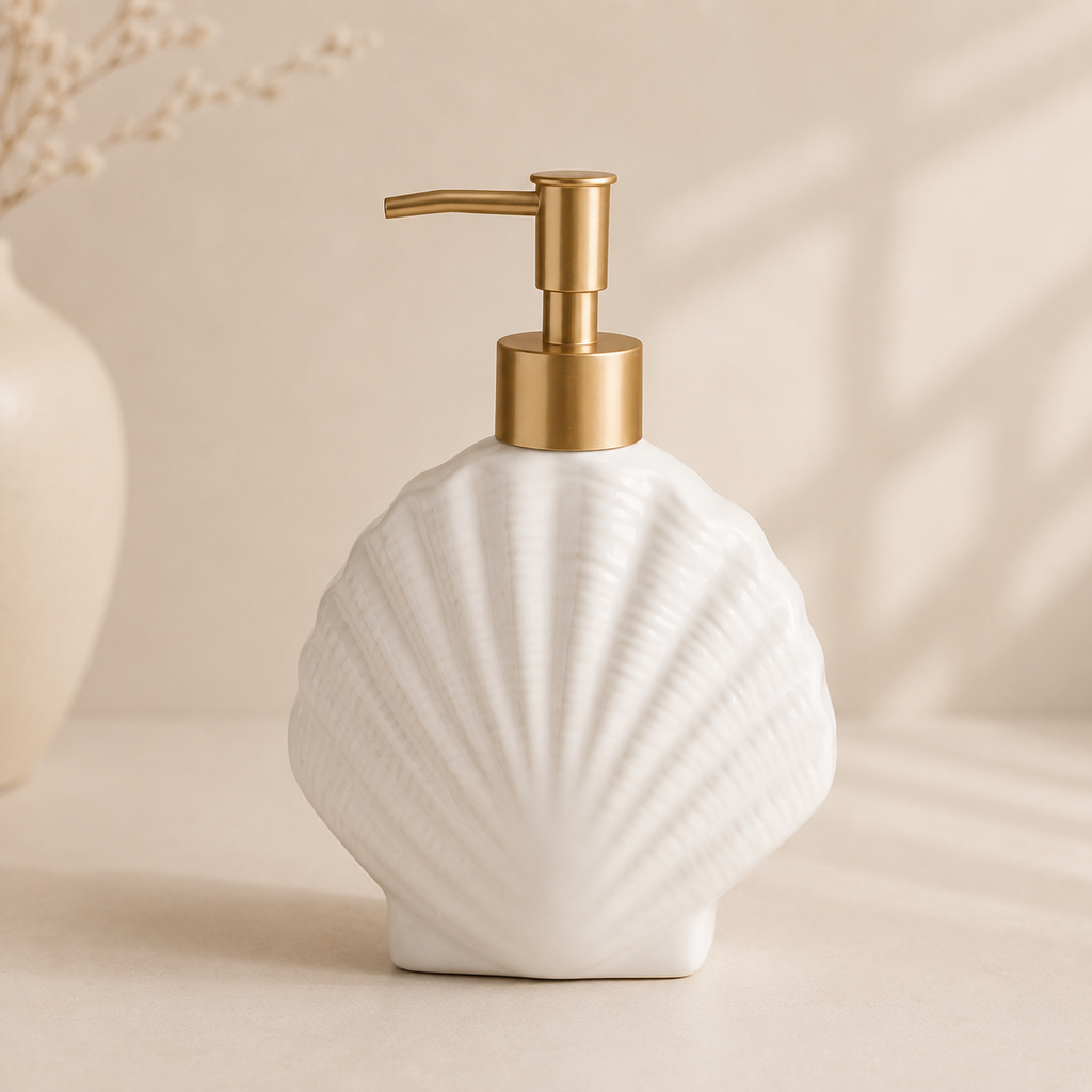 Soap Dispenser Ceramic Nautical Shell Design White Beige Bathroom Accessory