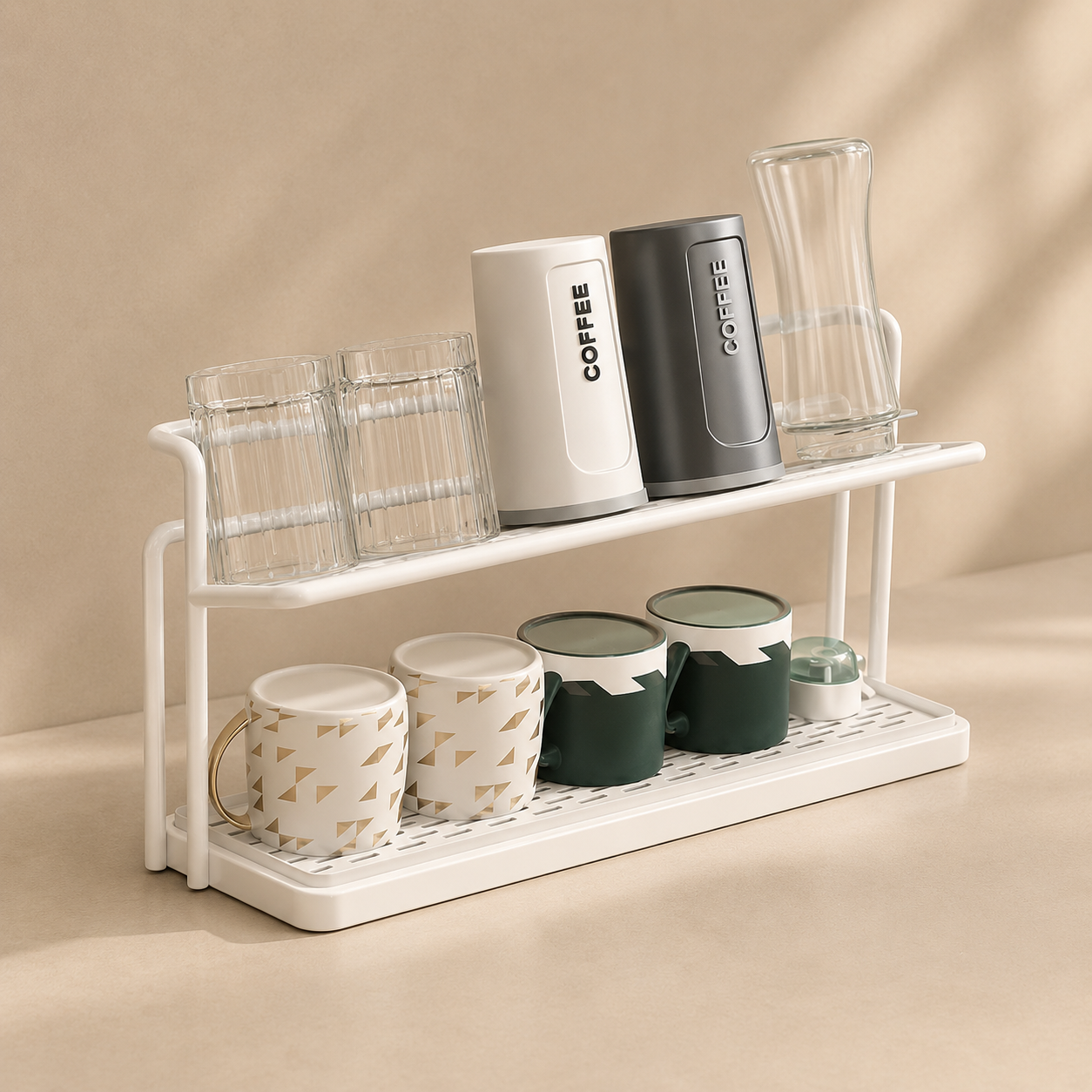 Kitchen Bottle Drying Rack 2 Tier Carbon Steel with Removable Drain Tray