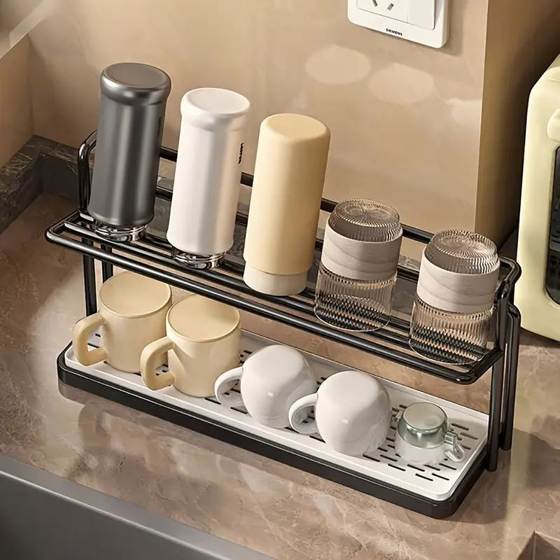 Kitchen Bottle Drying Rack 2 Tier Carbon Steel with Removable Drain Tray
