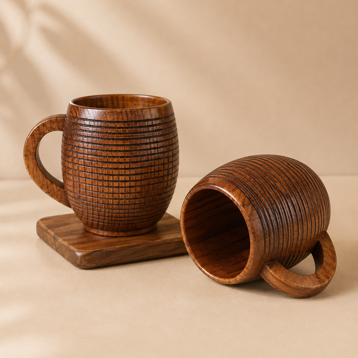 Hand-Carved Natural Wood Mug Ergonomic Handle Grain Texture