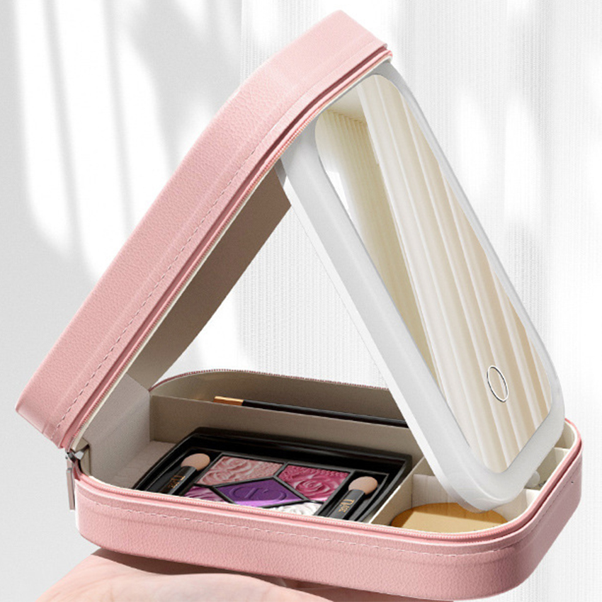 LED Mirror Cosmetic Case Portable Makeup Organizer with Adjustable LED Light
