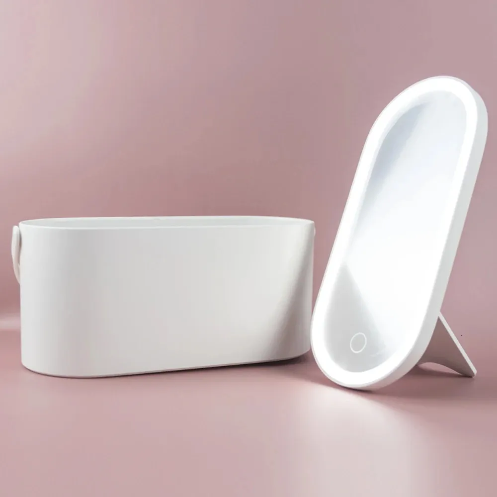 Makeup Storage Box with LED Light Mirror Portable Cosmetic Organizer