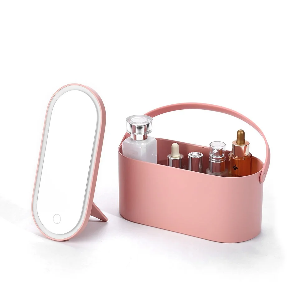 Makeup Storage Box with LED Light Mirror Portable Cosmetic Organizer