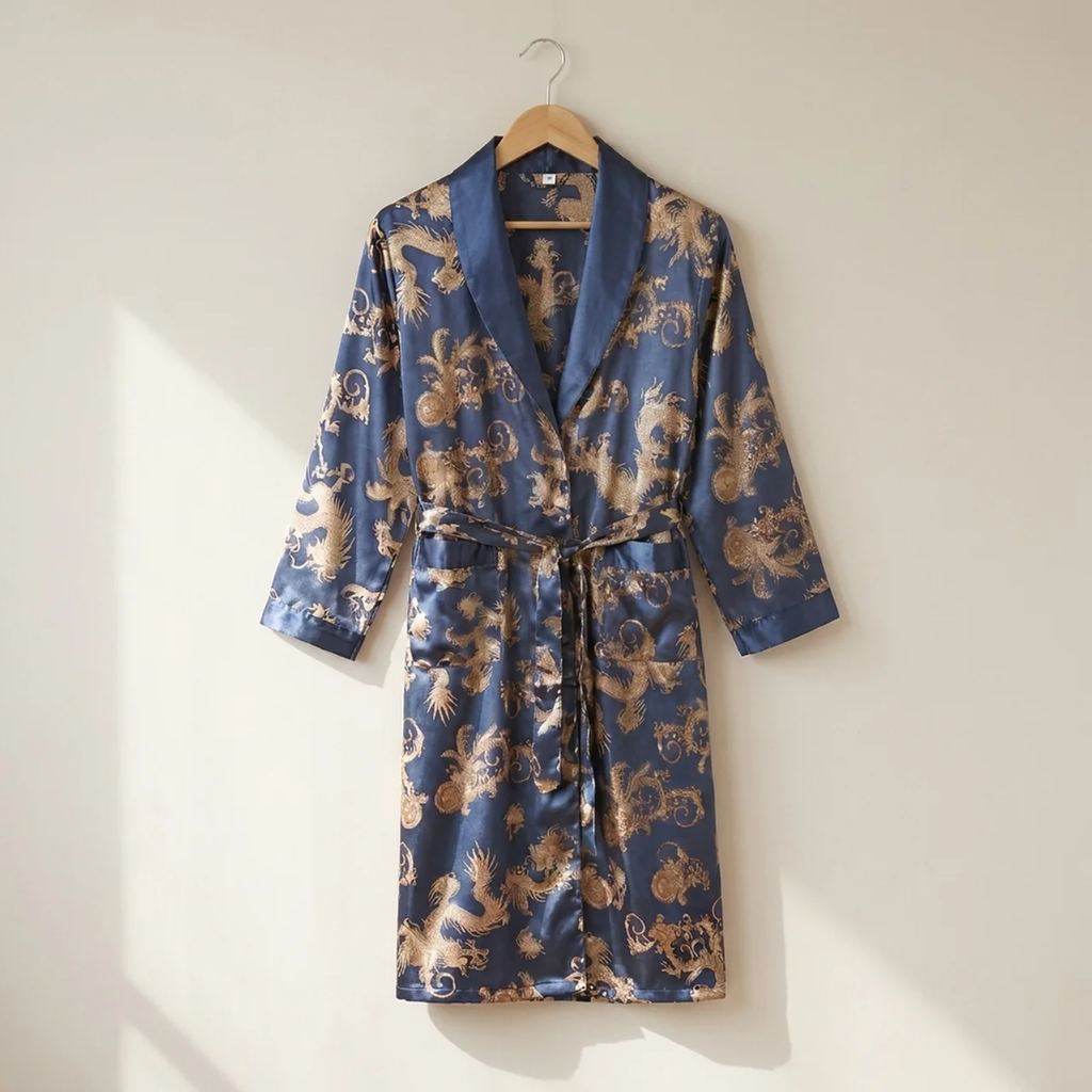 Mens Robe Kimono Style Knee Length Navy Blue