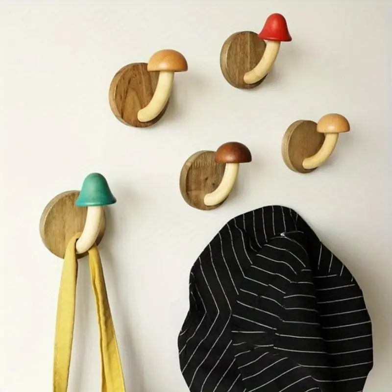 Mushroom Wall Hook Set, Solid Timber Coat and Towel Hooks, Handcrafted Wooden Design