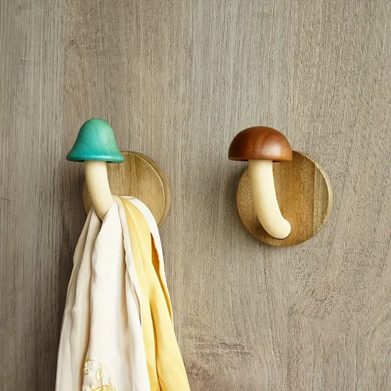 Mushroom Wall Hook Set, Solid Timber Coat and Towel Hooks, Handcrafted Wooden Design