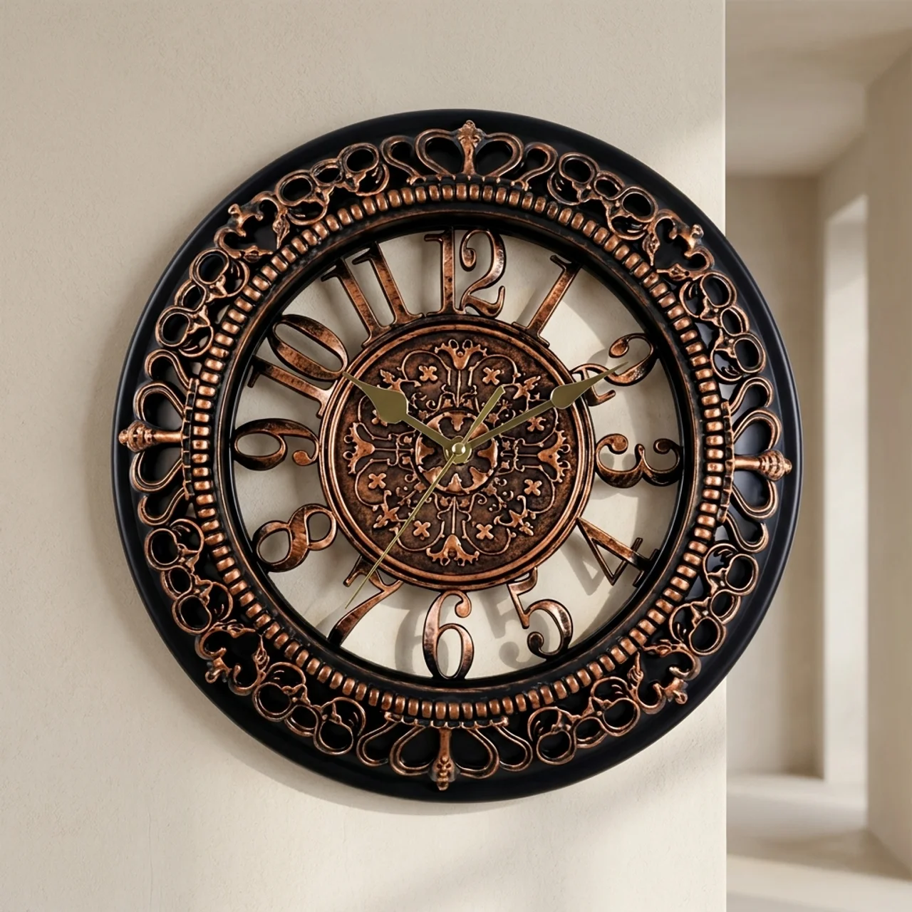 Vintage Indoor Wall Clock with Ornate Resin Frame Quartz Movement