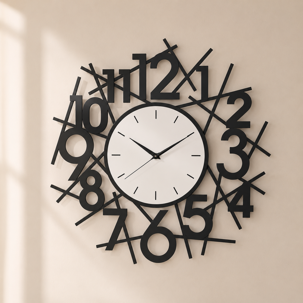 Wall Clock with Silent Quartz Movement, Black Acrylic and Glass Modern Contemporary Design