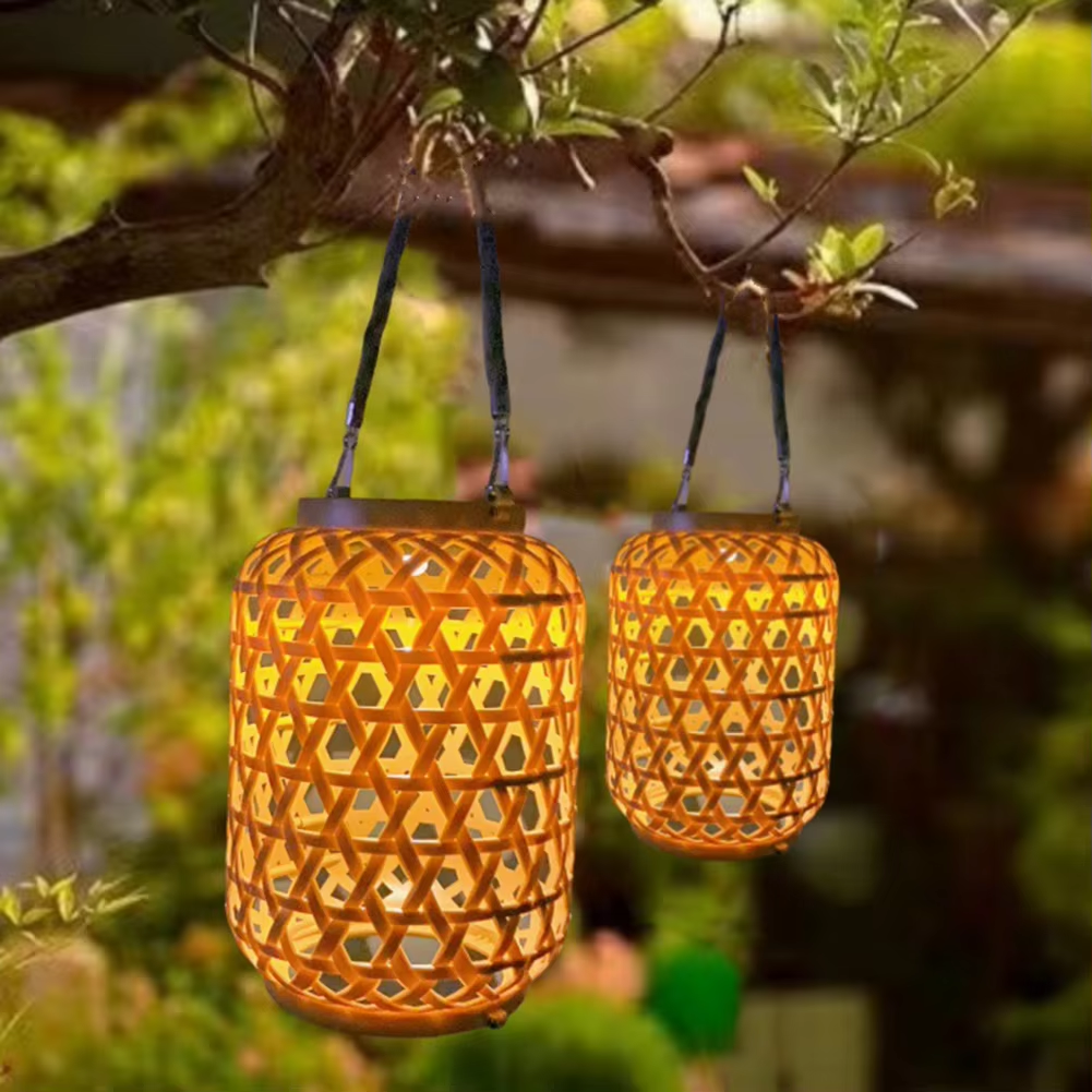 Solar Lantern Light Woven Rattan Style LED Solar Powered Garden Decor