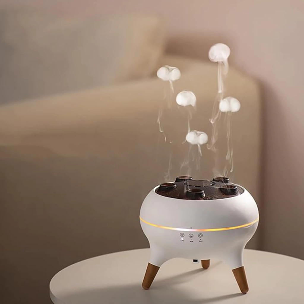 Indoor Humidifier & Essential Oil Diffuser with Jellyfish Mist Rings, Auto Shut-Off & Ambient Lighting