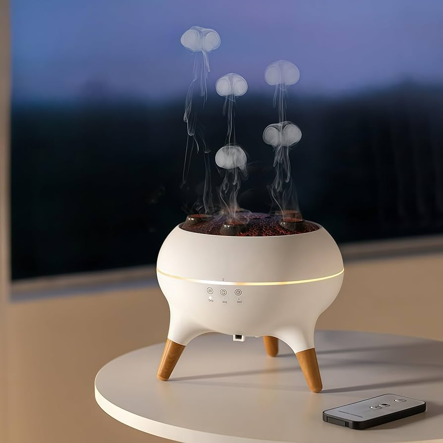 Indoor Humidifier & Essential Oil Diffuser with Jellyfish Mist Rings, Auto Shut-Off & Ambient Lighting