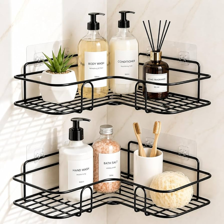 Corner Shower Caddy Wall Mounted Black Bathroom Storage Shelf
