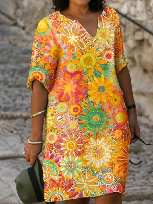 Stylish Midi Dress for Women Floral-Print V-Neck