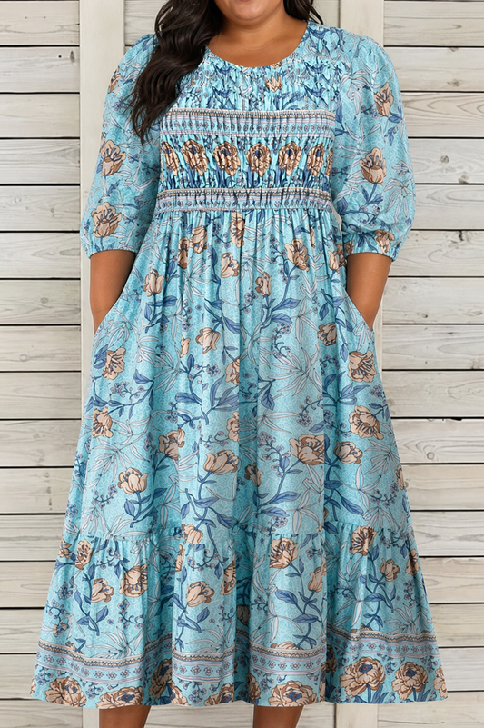 Elegant Midi Dress for Women Floral-Print Smocked Puff-Sleeve
