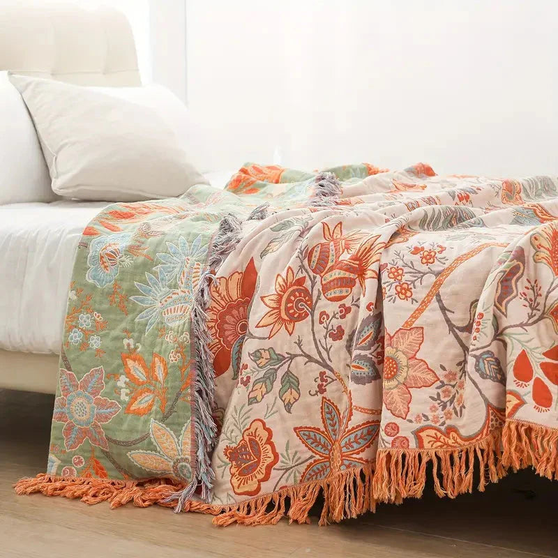 Rustic Boho Blanket with Floral Pattern | 100% Cotton