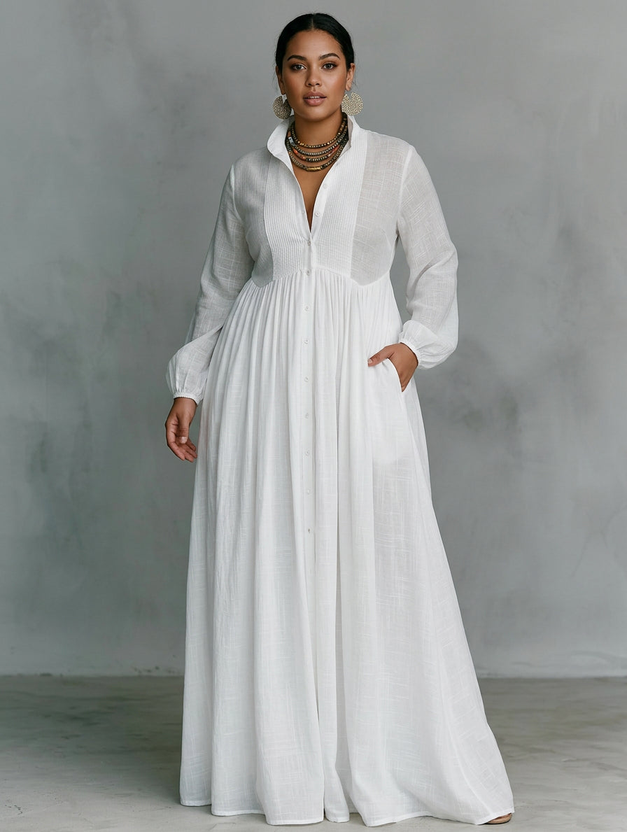 Effortless Maxi Dress for Women Button-Front Long-Sleeve Relaxed — White
