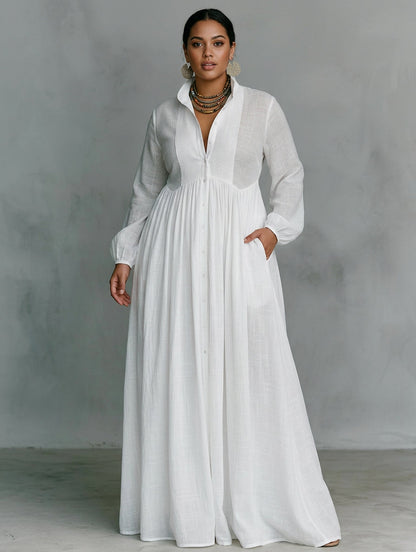 Effortless Maxi Dress for Women Button-Front Long-Sleeve Relaxed — White