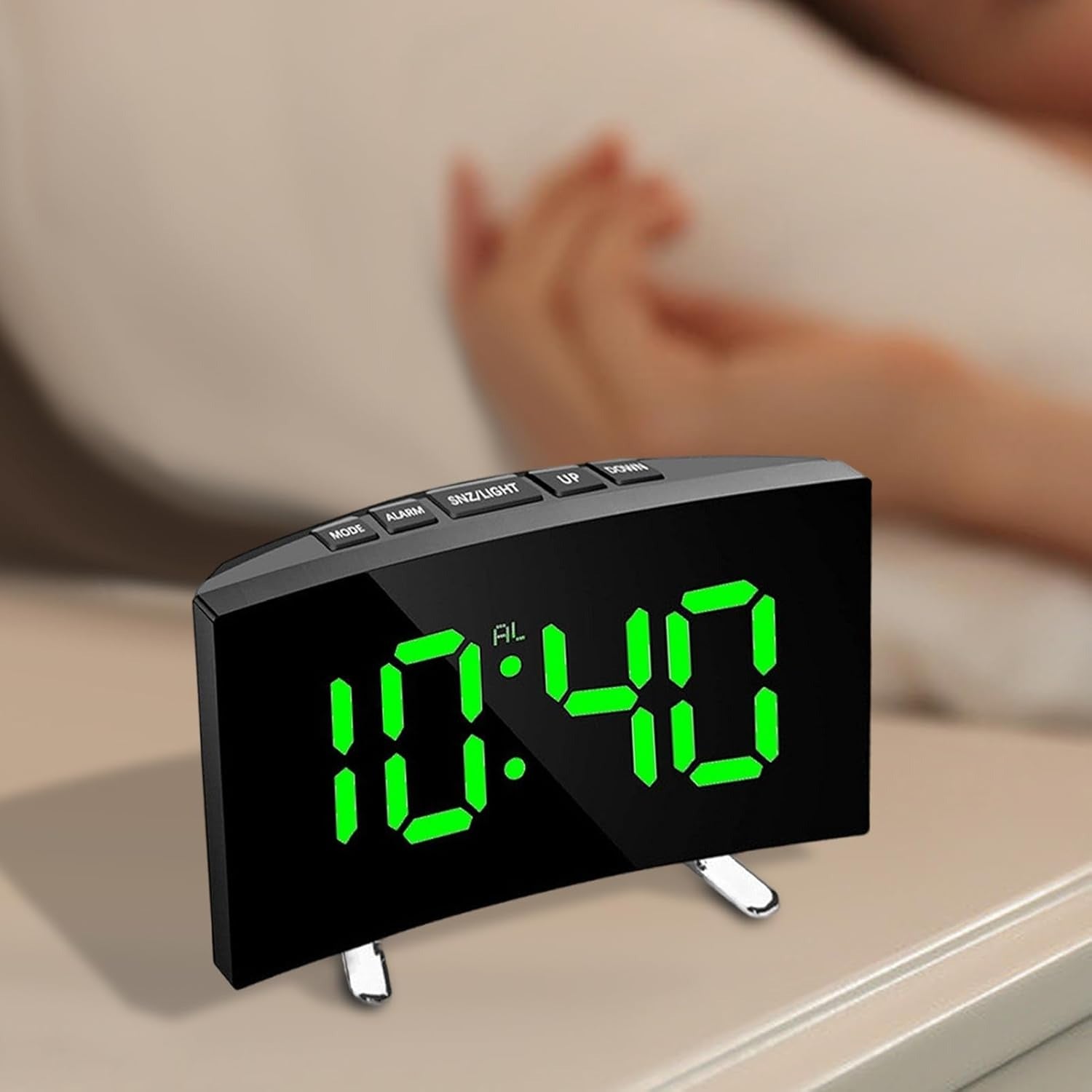 Digital Alarm Clock Curved Mirror LED Screen with Desktop Tabletop Design