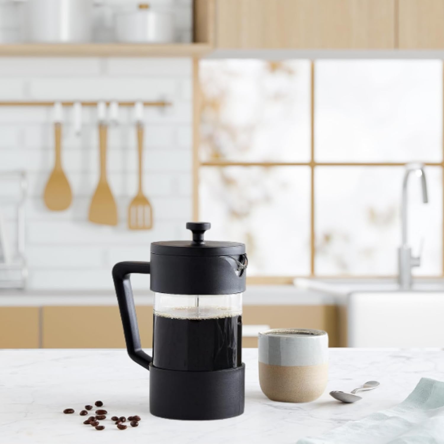 French Press Coffee Maker, Borosilicate Glass, Stainless Steel Filter, Black