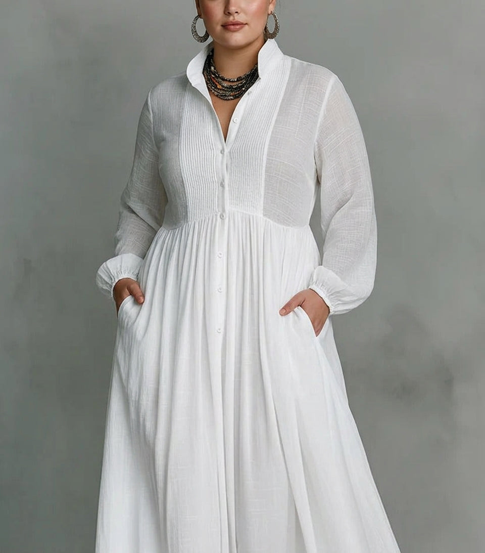 Effortless Maxi Dress for Women Button-Front Long-Sleeve Relaxed — White