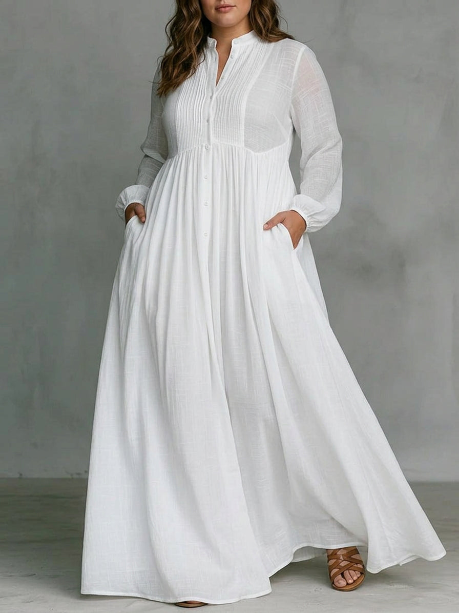 Effortless Maxi Dress for Women Button-Front Long-Sleeve Relaxed — White