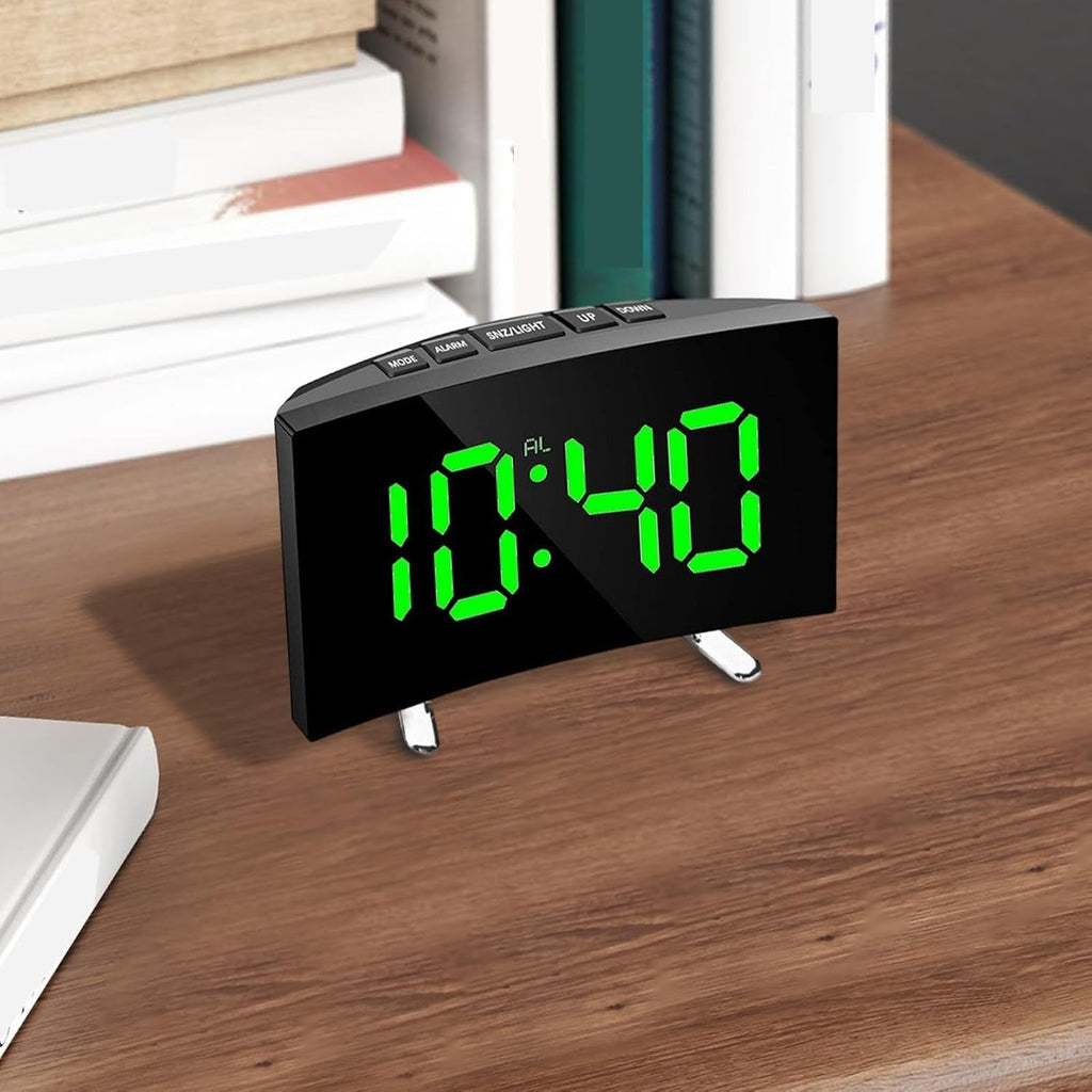 Digital Alarm Clock Curved Mirror LED Screen with Desktop Tabletop Design