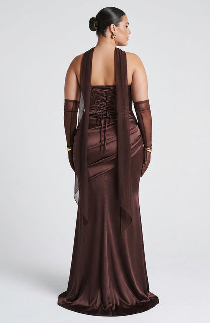 Elegant Maxi Dress for Women Cowl-Neck Ruched Satin