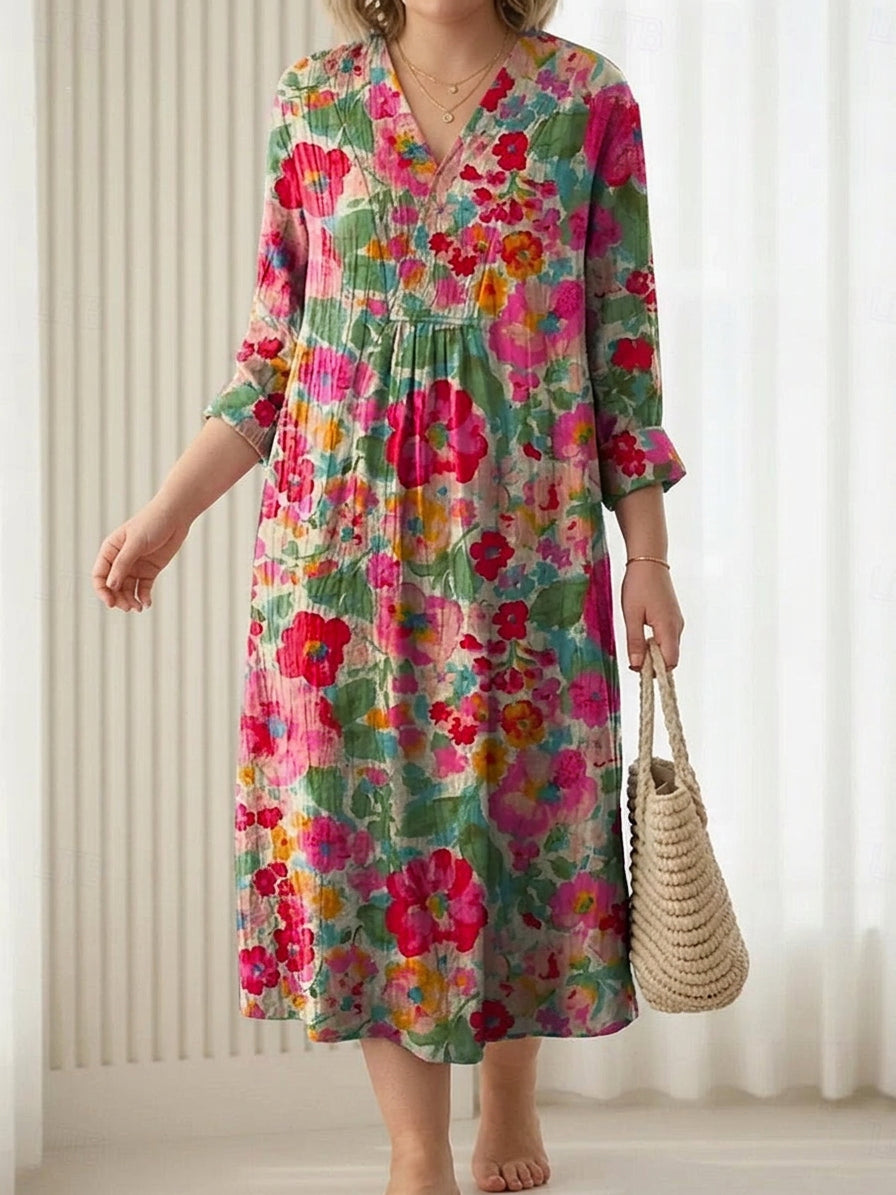 Effortless Maxi Dress for Women V-Neck Three-Quarter-Sleeve Floral-Print — Green Pink