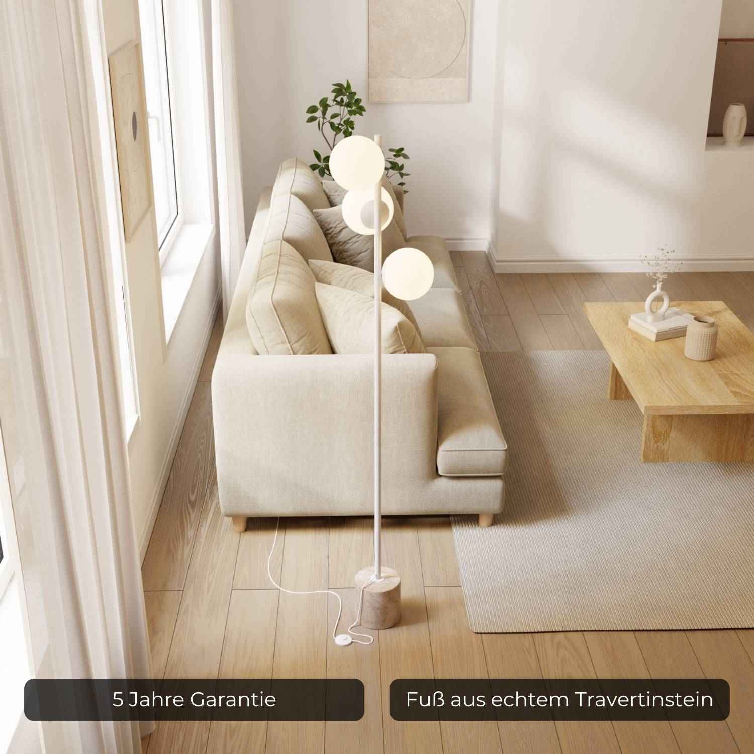 Rovea Floor Lamp | Genuine Travertine Base, Warm Diffused Light