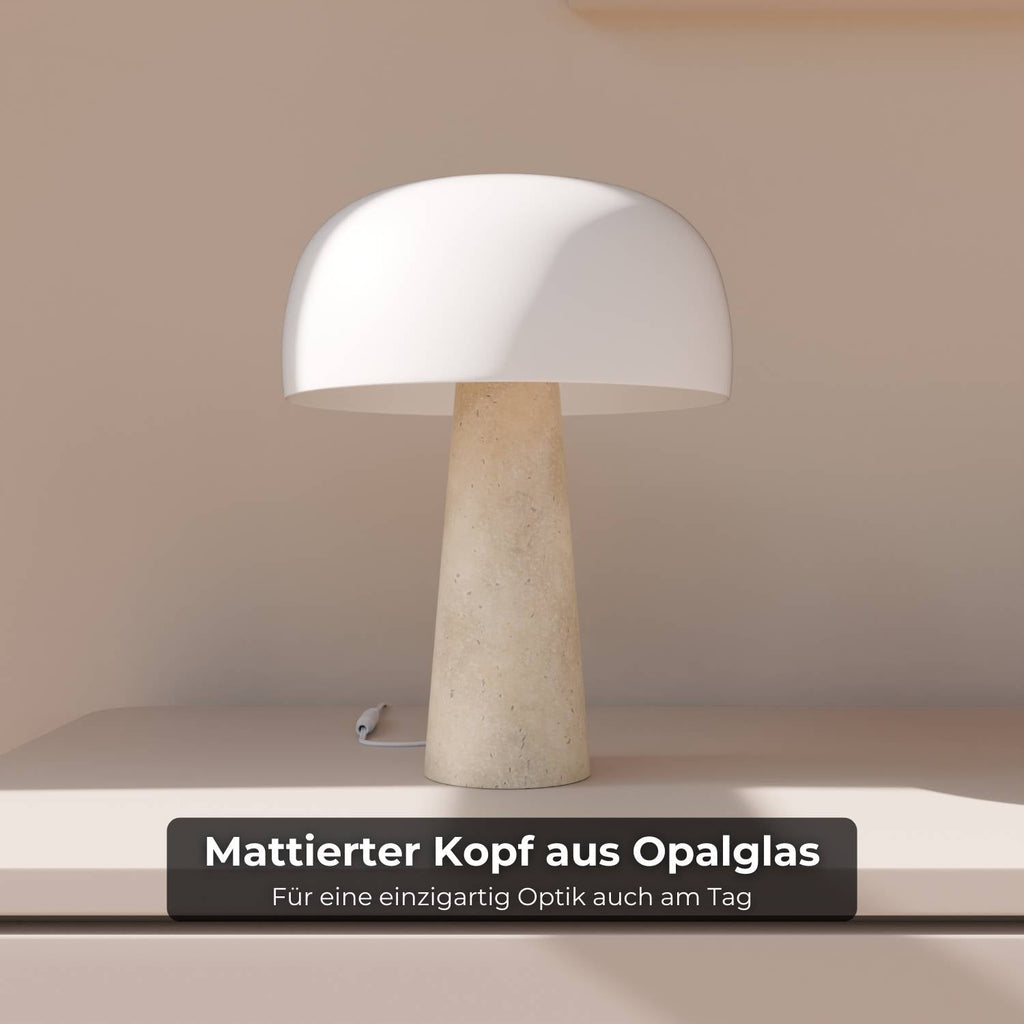Bela Table Lamp | Genuine Travertine Base, Mouth-Blown Glass Shade