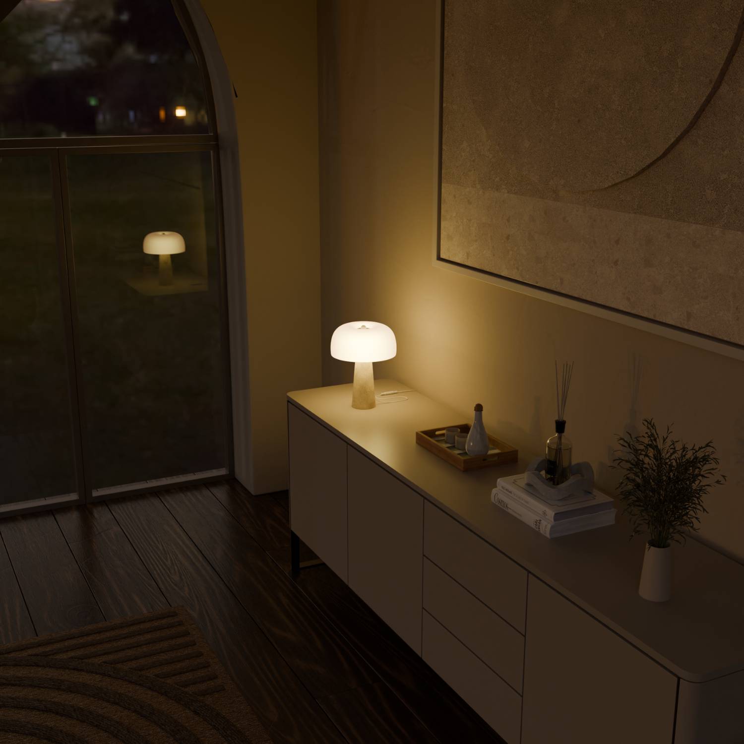 Bela Table Lamp | Genuine Travertine Base, Mouth-Blown Glass Shade