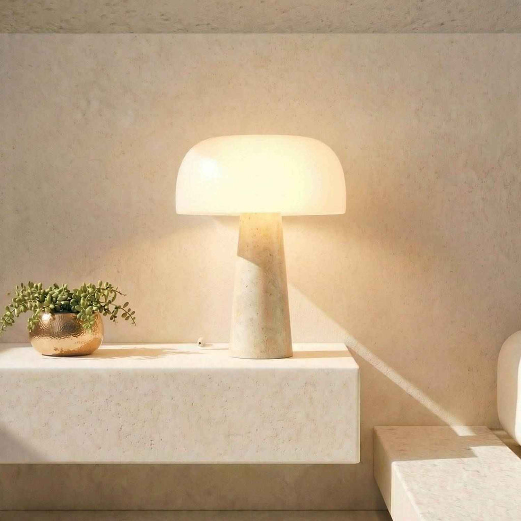 Lyra Table Lamp | Genuine Travertine Base, Opal Glass Shade