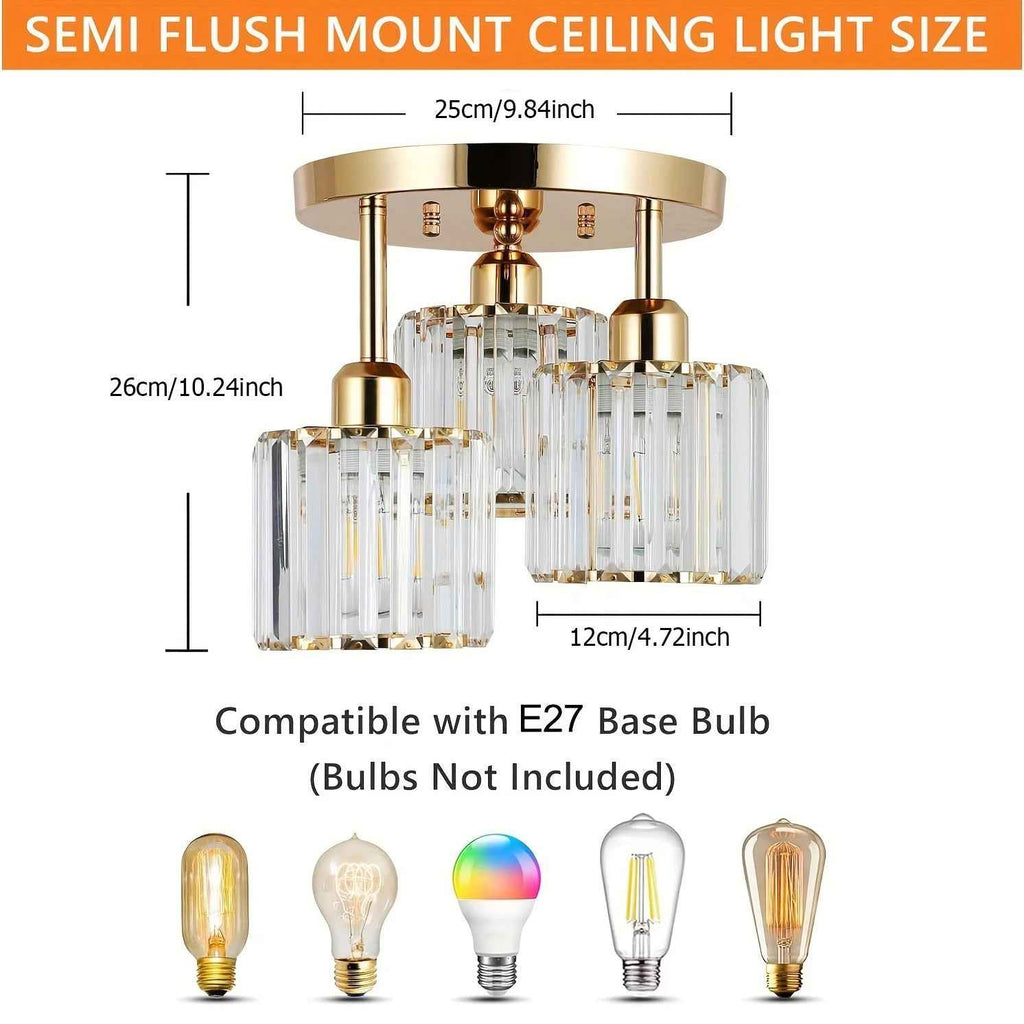 Bela Crystal Ceiling Light | 3-Light Semi Flush Mount, Gold Finish
