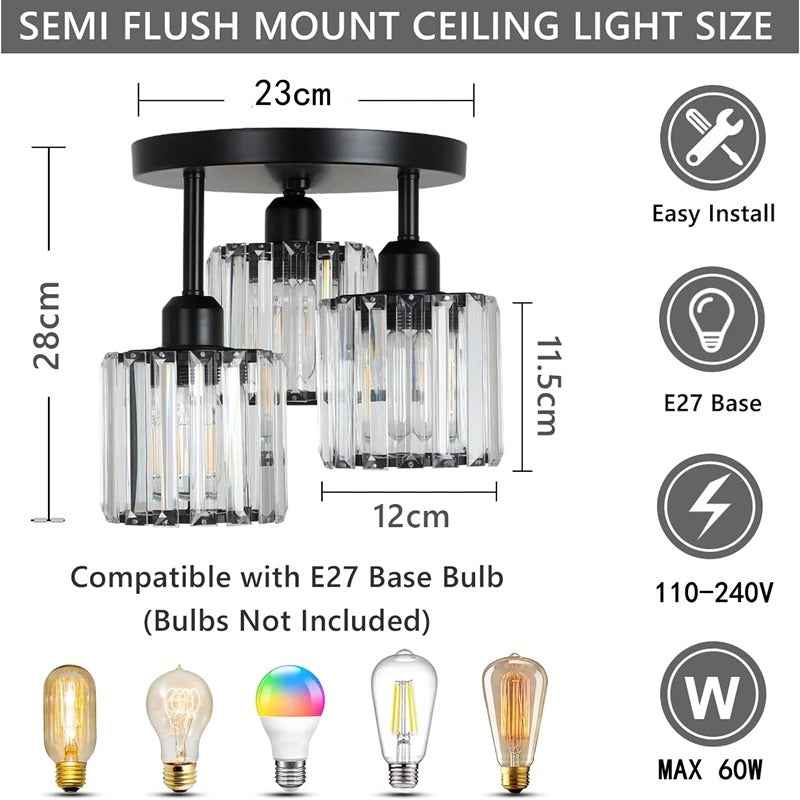 Bela Crystal Ceiling Light | 3-Light Semi Flush Mount, Gold Finish