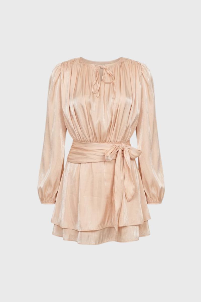 Long Sleeve Mini Dress with Bow Waist and Pleated Sleeves