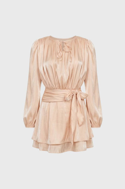 Long Sleeve Mini Dress with Bow Waist and Pleated Sleeves