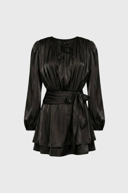 Long Sleeve Mini Dress with Bow Waist and Pleated Sleeves