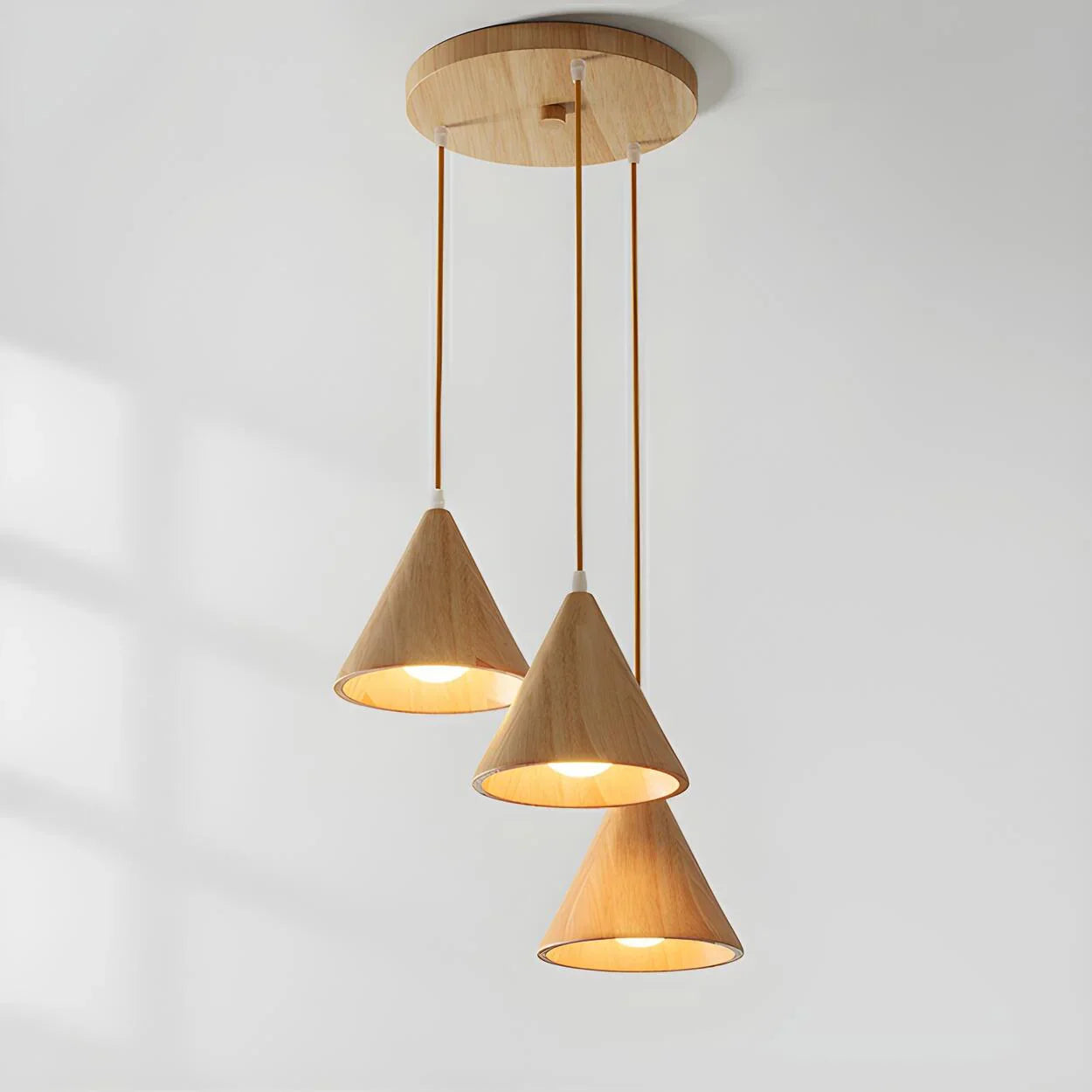 Pendant Lamp Wood Cone Three Head Linear Design LED Compatible