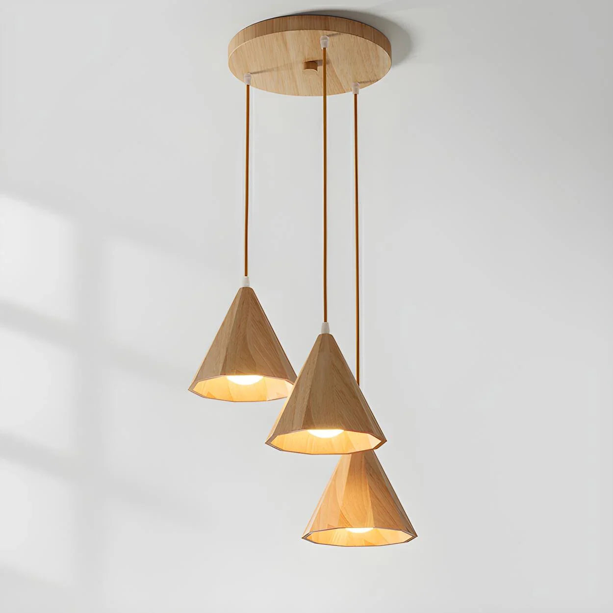Pendant Lamp Wood Cone Three Head Linear Design LED Compatible