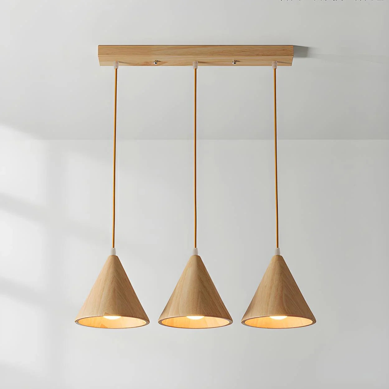 Pendant Lamp Wood Cone Three Head Linear Design LED Compatible