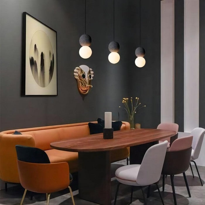 OrigoGlow: Pendant Light with Ball Structure Made of Cement & Opal Glass – for Entrance Area & Sofa Corner