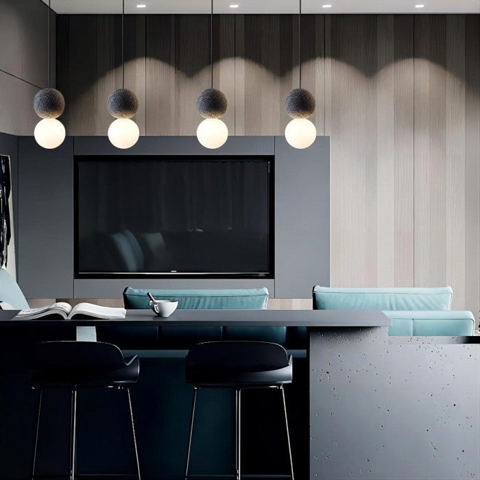 OrigoGlow: Pendant Light with Ball Structure Made of Cement & Opal Glass – for Entrance Area & Sofa Corner