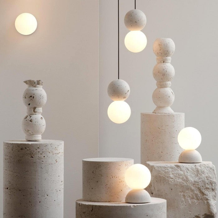 OrigoGlow: Pendant Light with Ball Structure Made of Cement & Opal Glass – for Entrance Area & Sofa Corner