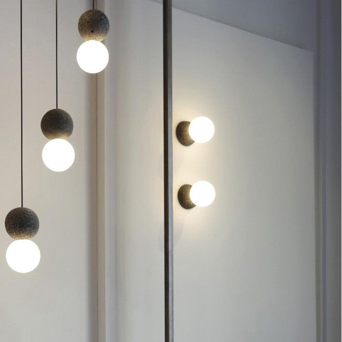 OrigoGlow: Pendant Light with Ball Structure Made of Cement & Opal Glass – for Entrance Area & Sofa Corner