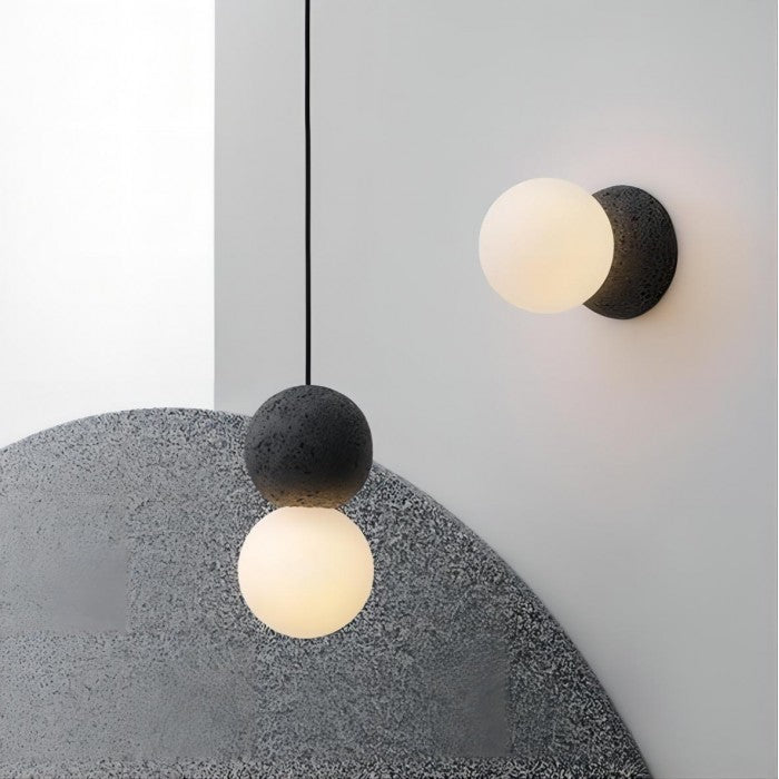 OrigoGlow: Pendant Light with Ball Structure Made of Cement & Opal Glass – for Entrance Area & Sofa Corner