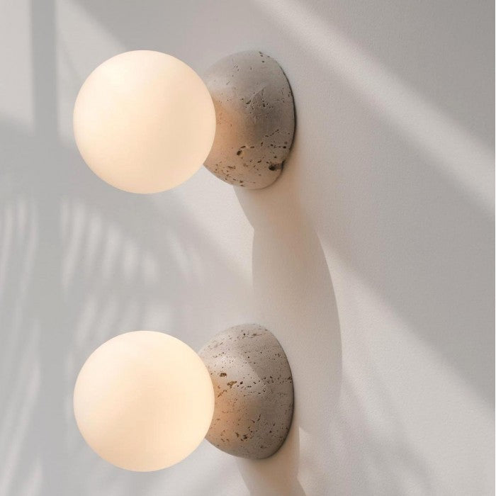 OrigoGlow: Pendant Light with Ball Structure Made of Cement & Opal Glass – for Entrance Area & Sofa Corner