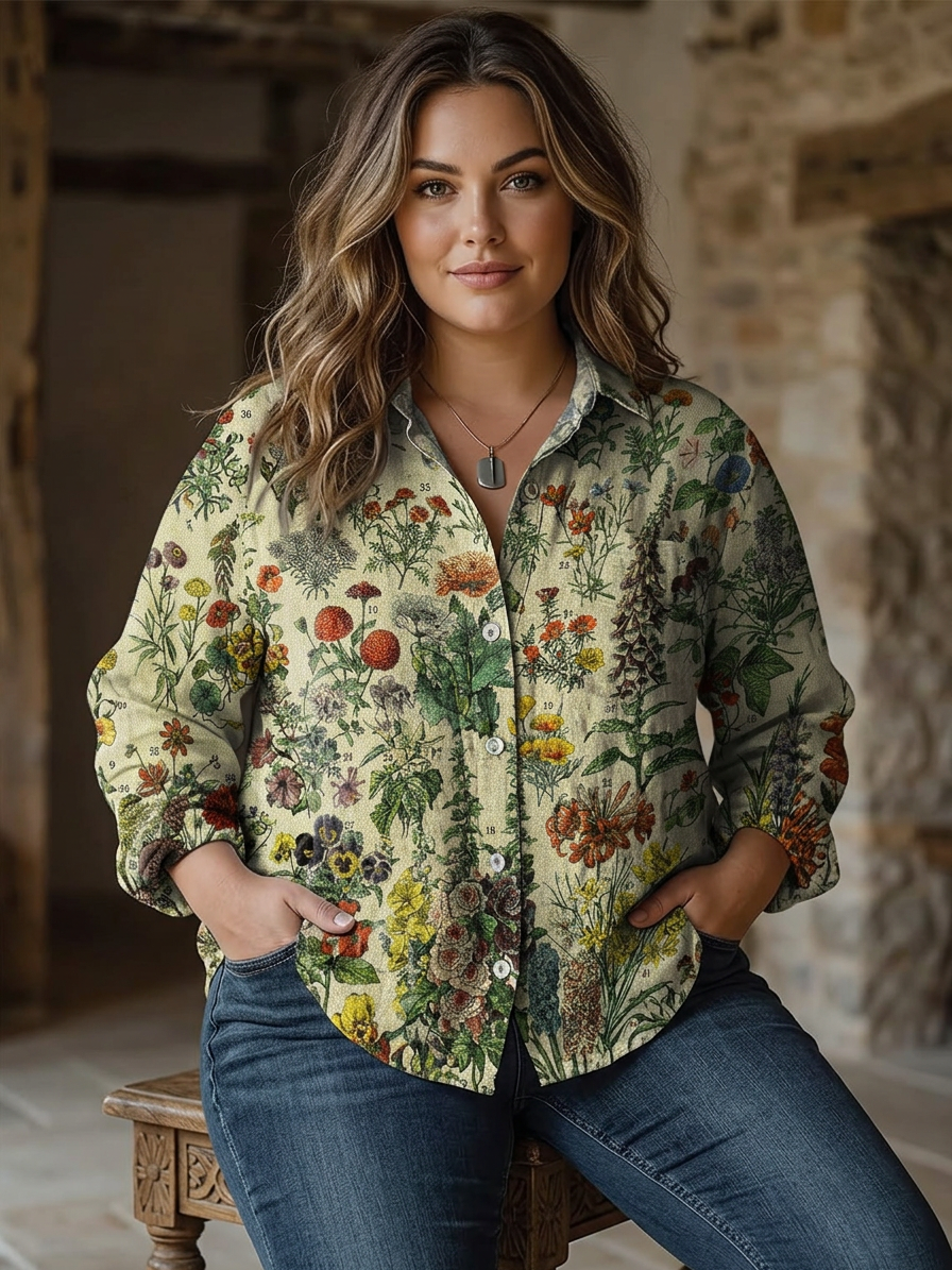 Elegant Blouse for Women Long-Sleeve Botanical-Print Button-Up — Cream