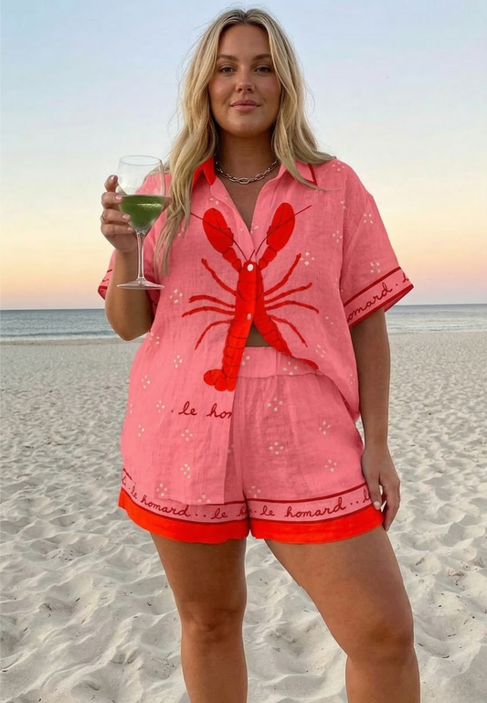 Stylish Two-Piece Set for Women Printed Short-Sleeve Shorts — Pink