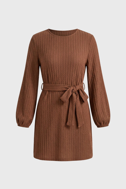 Ribbed Mini Dress with Balloon Sleeves and Tie Belt