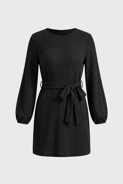 Ribbed Mini Dress with Balloon Sleeves and Tie Belt